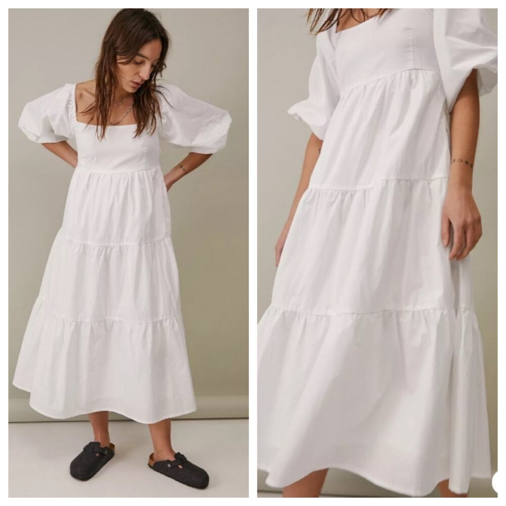 Faithfull The Brand Kiona Puff Sleeve White Tiered Peasant Dress Women's Size 2 - Picture 3 of 8